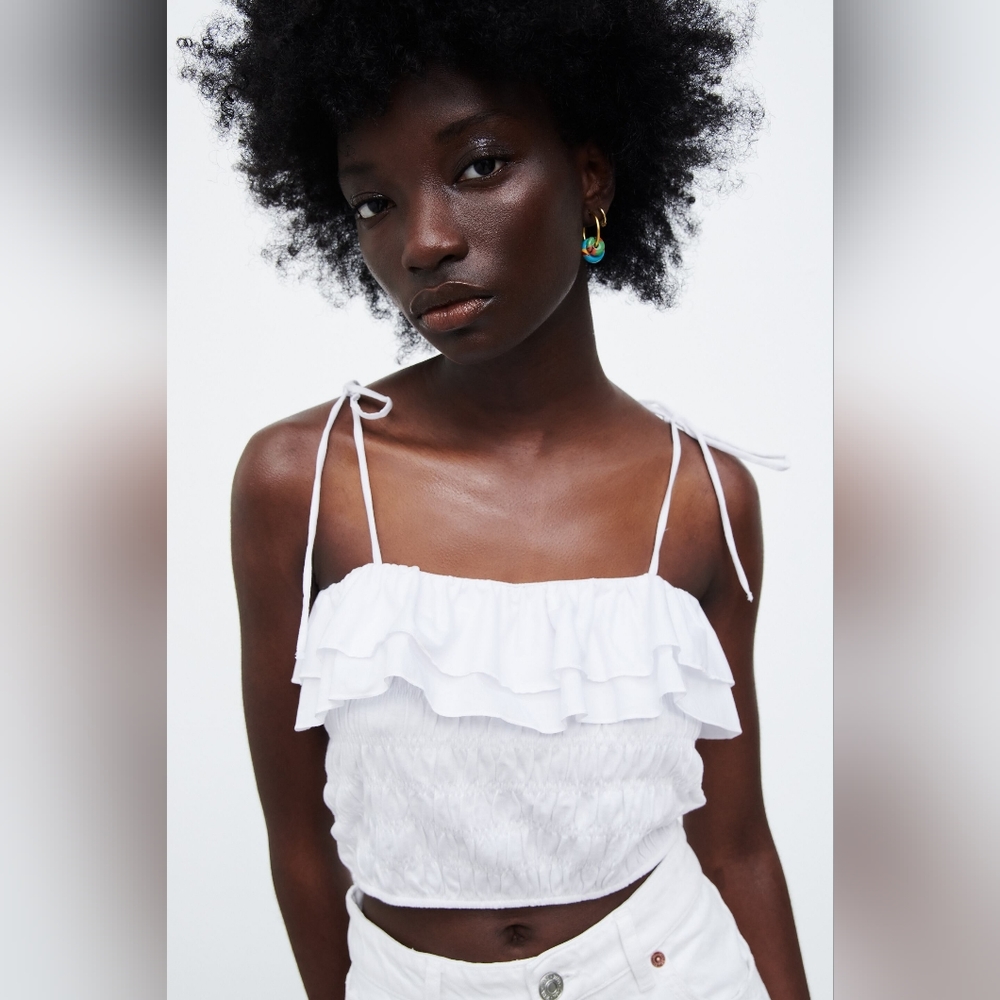 ZARA White Stretchy Ruffle Tube Crop Top NWOT Size M-L